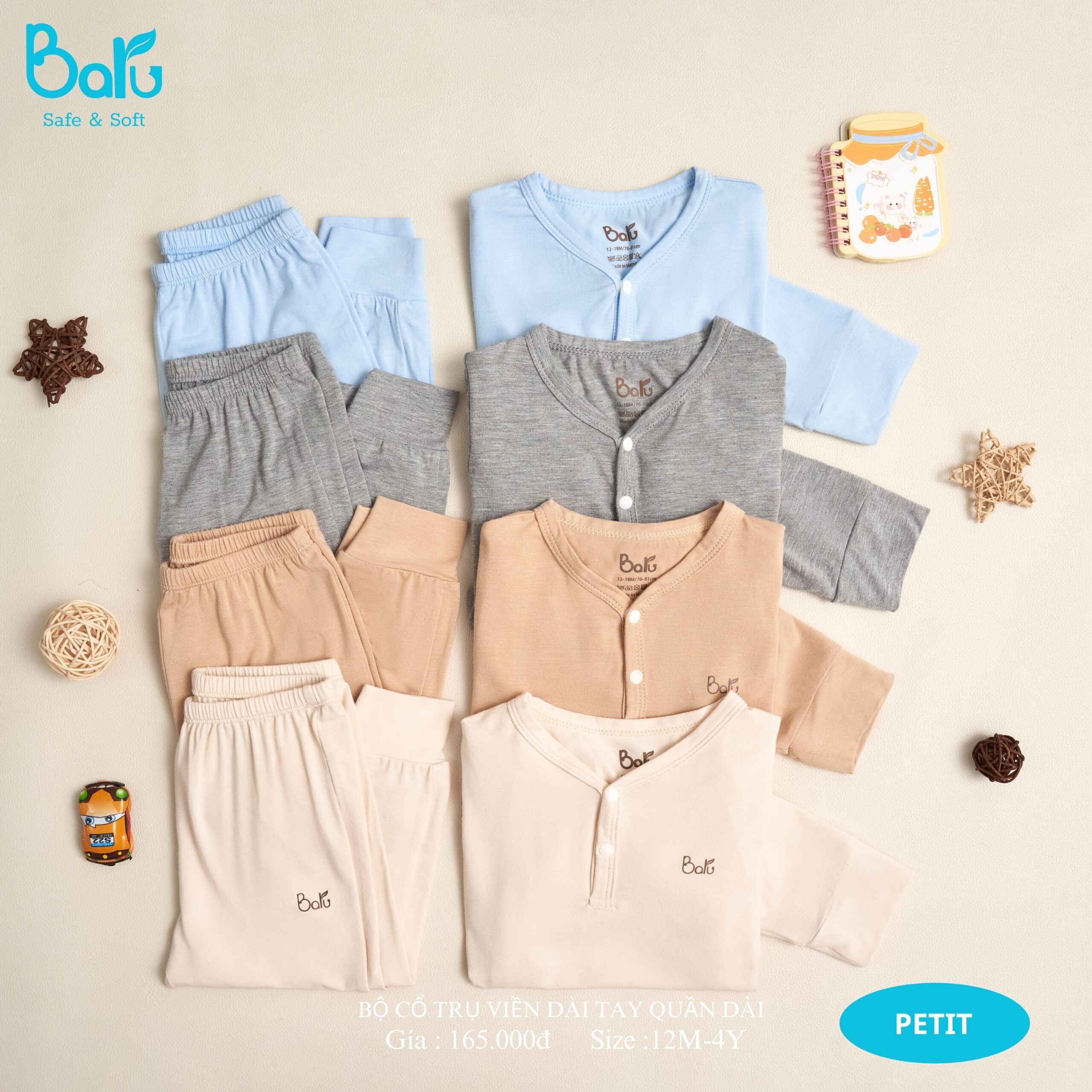 Bộ dài tay  BARU chất vải cotton 100% cao cấp mềm, mịn, thoáng mát, hàng giao giống hình thời trang trẻ em ( 12M -4Y )