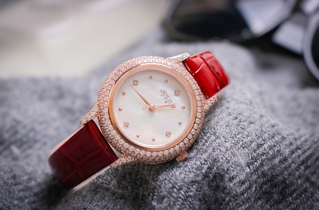 Đồng Hồ Nữ JS-044 Kính Sapphire Julius Hàn Quốc Dây Da Màu Đỏ