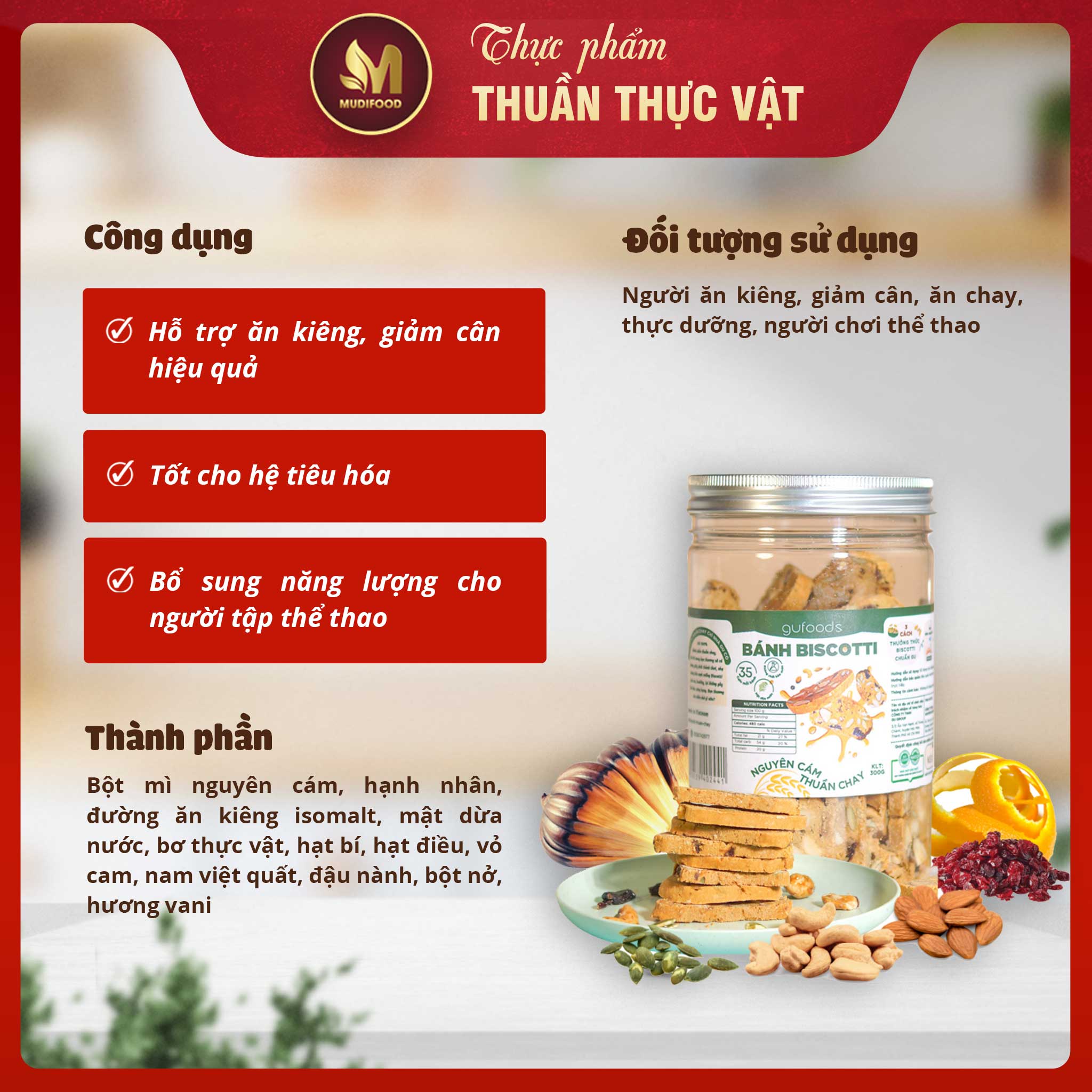 Bánh Biscotti Nguyên Cám Thuần Chay GUfoods 300g - Lành mạnh, Thơm ngon, Phù hợp Ăn kiêng, Eat clean