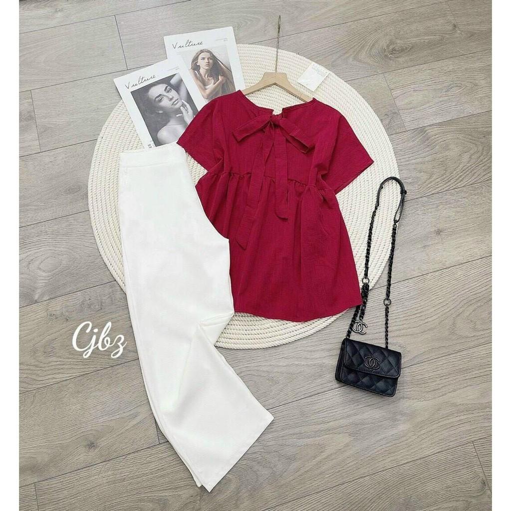 Set bộ áo from rộng cột nơ️̂ ️ Chất liệu đũi nhăn giúp bạn không cảm thấy khó chịu khi mặc 2 màu y hình