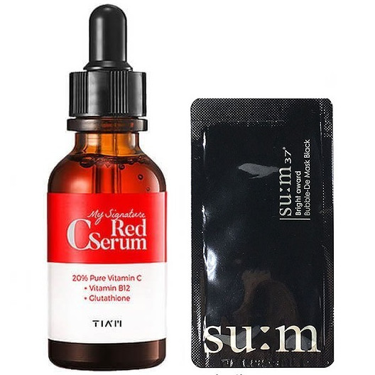 Tinh Chất phục hồi dưỡng trắng sáng da mờ vết thâm Tiam My Signature Red C Serum (30ml) + Tặng kèm 1 mặt nạ sủi bọt thải độc da S:um 37 Đen