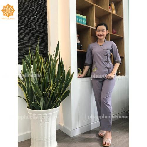 Đồ lam đi chùa nữ - Pháp phục Đài Loan 5 nút vải xô tixi, bền màu không nhăn xưởng may Liên Cúc