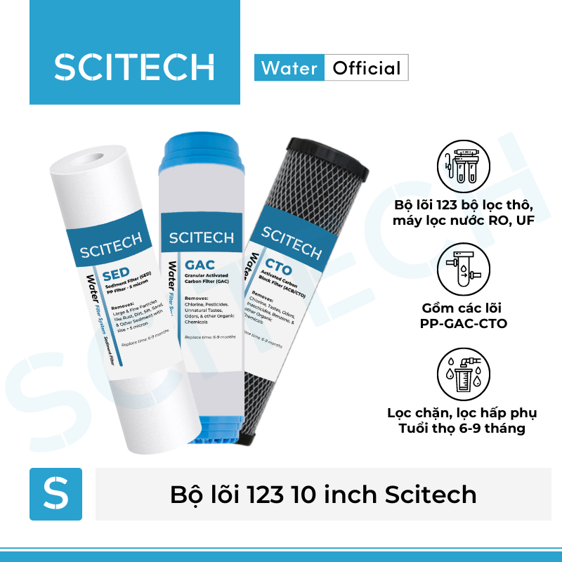 Bộ lõi lọc nước số 1,2,3 (PP-UDF-CTO) 10 inch dùng trong máy lọc nước RO, bộ lọc thô - Hàng chính hãng