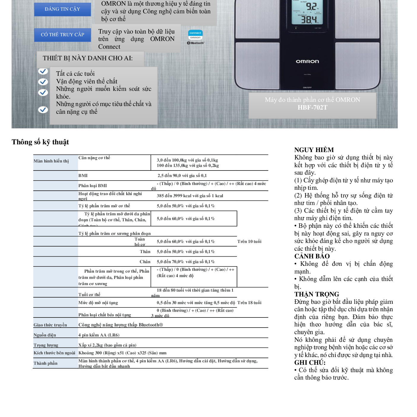 Máy Đo Thành Phần Cơ Thể OMRON HBF-702T Cao cấp - Kết Nối Điện Thoại - Thương Hiệu Nhật Bản