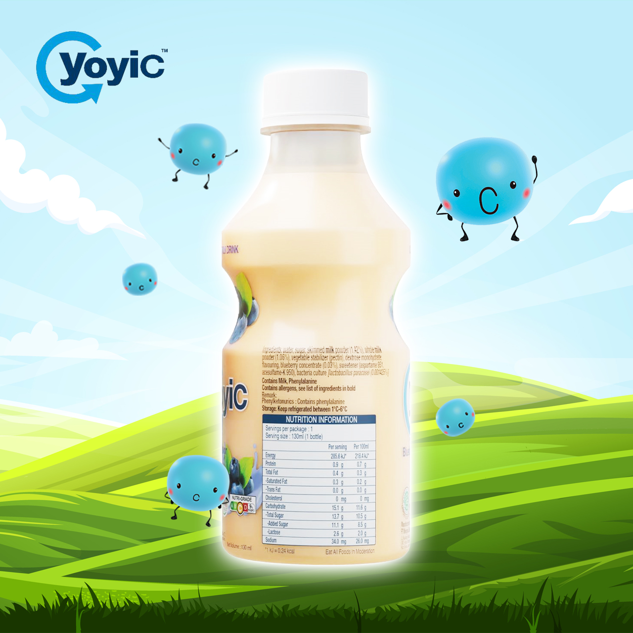 (Lốc 12 chai) Sữa Chua Uống YOYIC Lên Men Tự Nhiên Hỗ Trợ Tiêu Hoá 130ml - Vị Việt Quất