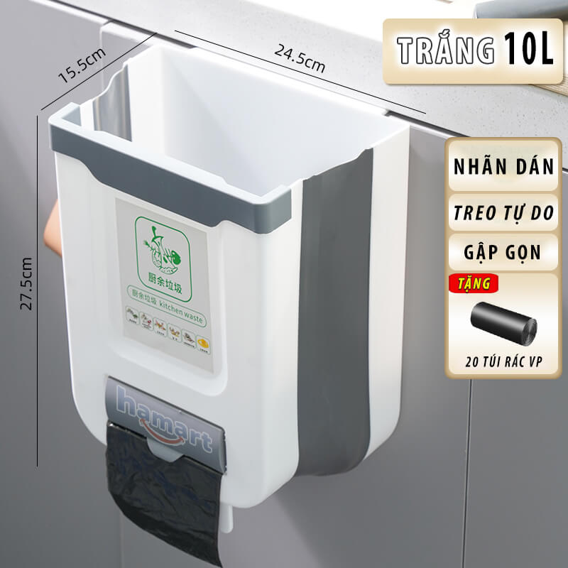 Thùng Rác Treo Tủ Bếp Gấp Gọn 10 Lít Cỡ Lớn 2 Màu Tuỳ Chọn Chất Lượng Cao TẶNG 20 TÚI RÁC
