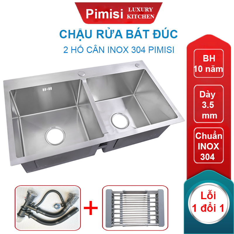 Chậu rửa bát inox 304 Pimisi đúc cao cấp 2 hố cân - kích thước 7843-8245 cm đầy đủ xi phông loại ống to - rỗ đựng đồ, dùng để rửa chén bát gắn được cả âm bàn đá | Hàng chính hãng