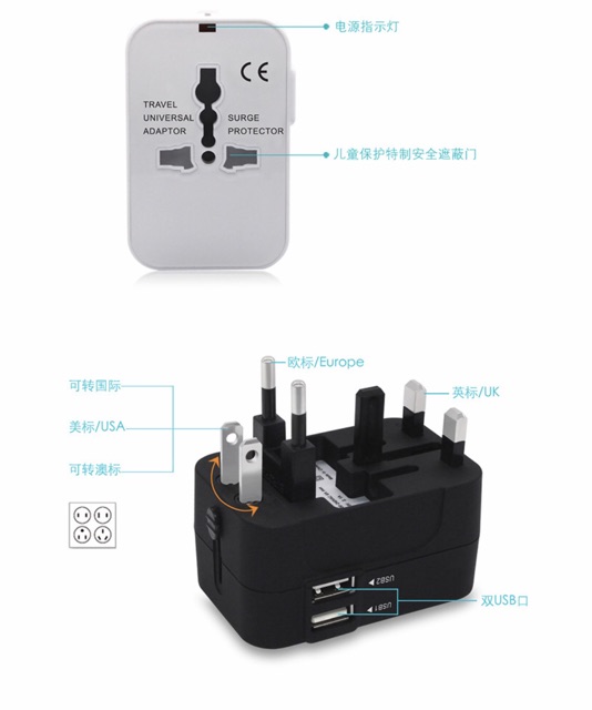 Ổ Cắm Điện Du Lịch Quốc Tế Đa Năng Có 2 Cổng USB