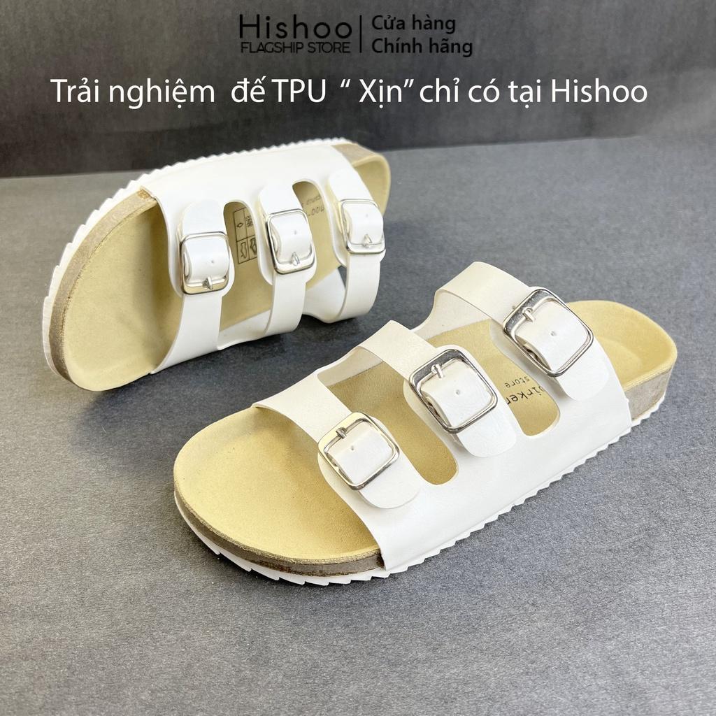 Dép đế trấu birken nam nữ unisex quai ngang 3 khóa da tổng hợp size 35 - 43 chính hãng Hishoo S092