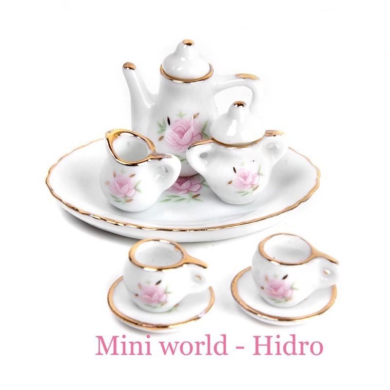 Bộ ấm chén mini trang trí nhà búp bê. Bộ ấm trà mini. Miniature. Bộ tách trà bằng sứ mini