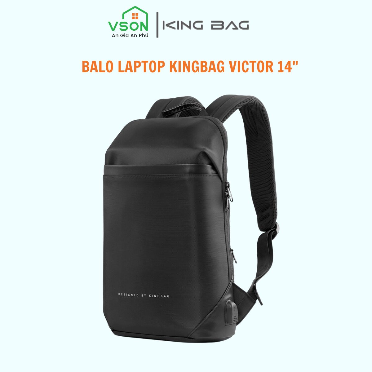 Balo laptop 14” KINGBAG VICTOR sang trọng, siêu mỏng, tích hợp USB, trượt nước, ngăn chống trộm, màu đen - Hàng chính hãng