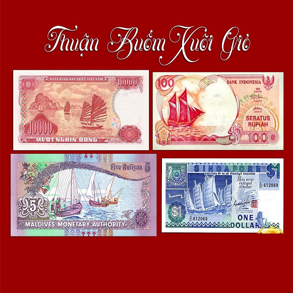 Combo 4 tờ tiền thuận buồm xuôi gió phong thủy của Singapore , Việt Nam , Indonesia , Maldives - Bộ quà tặng sưu tầm ý nghĩa , sưu tầm