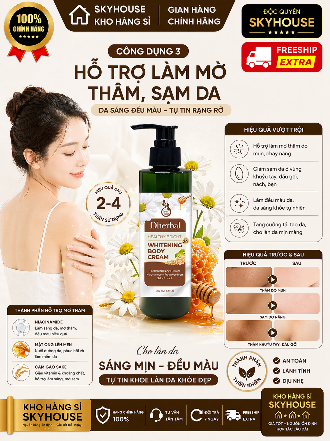 Kem dưỡng trắng da thiên nhiên độc quyền WHITENING BODY CREAM DHERBAL chai 250ml kem chống nắng toàn thân chính hãng