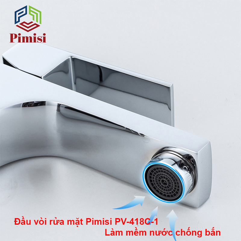 Vòi Rửa Mặt Pimisi PV-418C-1 Thân Vuông Nóng Lạnh Cho Chậu Rửa Lavabo 1 Lỗ Âm - Dương Mặt Bàn Đá Làm Từ Đồng Thau Sáng Bóng - Chỉnh Nước Bằng Gật Gù Nóng Lạnh Trong Nhà Tắm Với Đủ Phụ Kiện Xi Phông Và Dây Cấp Nước | Chính Hãng