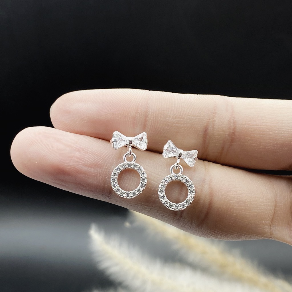 Hoa Tai, Bông Tai Bạc 925 Nơ Xinh Đính Đá Nhân Tạo Cao Cấp Bạc Hiểu Minh HT380