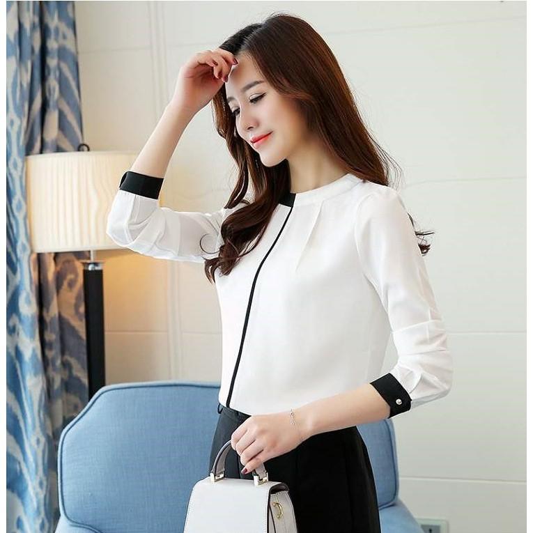 Áo sơ mi nữ cổ tròn màu trắng, công sở nữ tay dài màu trắng công sở dáng suông, chống nhăn chống xù