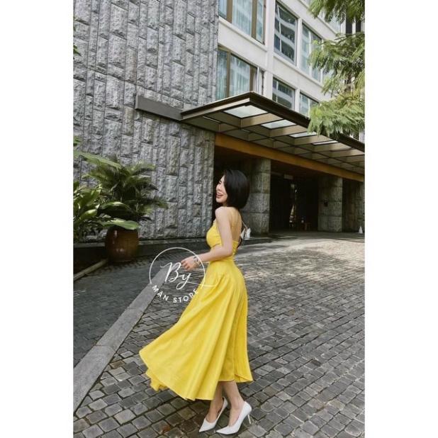 Đầm maxi đũi có mút ngực khoét 2 dây dập ly khoét eo trắng vàng xanh Ivy fashion đi biển dự tiệc dạo phố bigsize gợi c