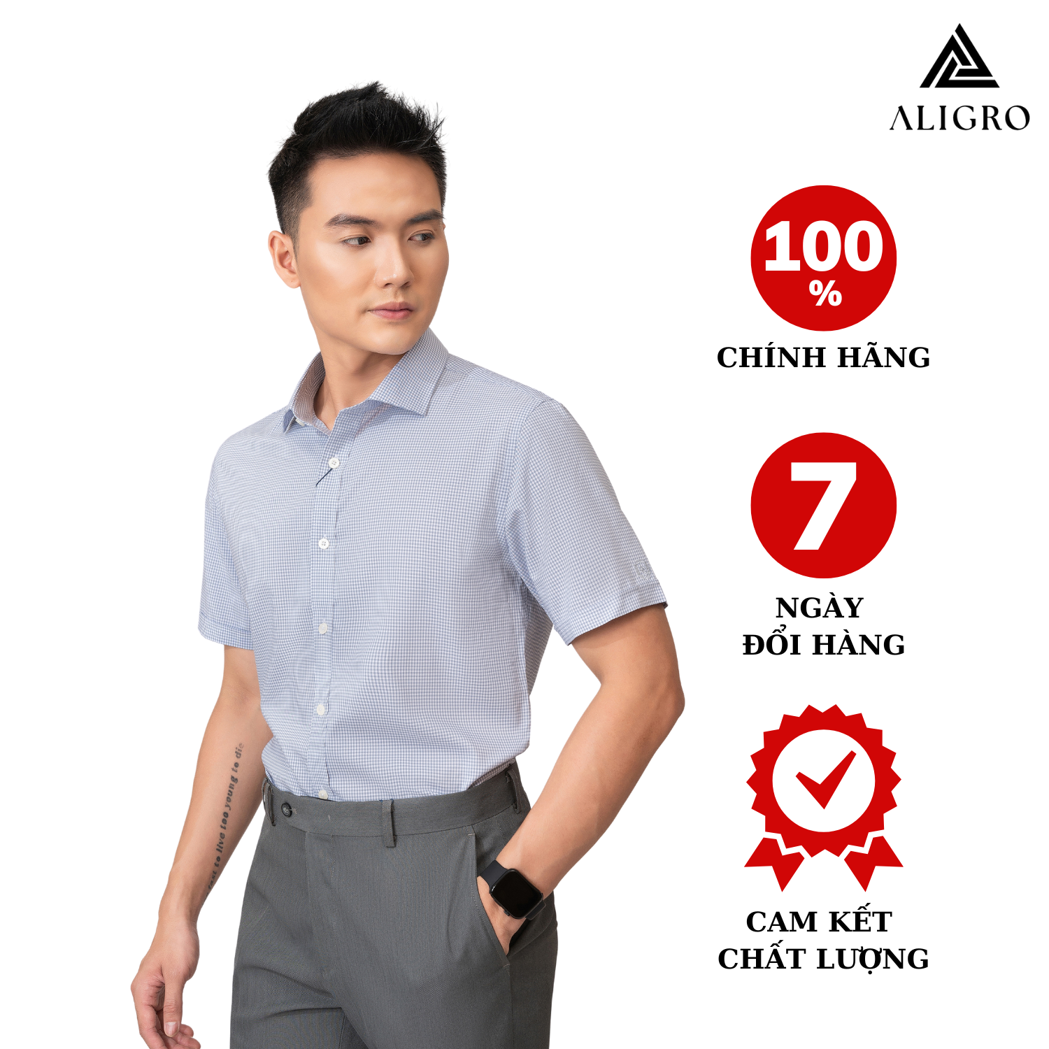 Hình ảnh Áo sơ mi nam ngắn tay ALIGRO kẻ caro nhỏ màu ghi  form slim vừa công sở thời trang trẻ trung lịch lãm ALGS-C118