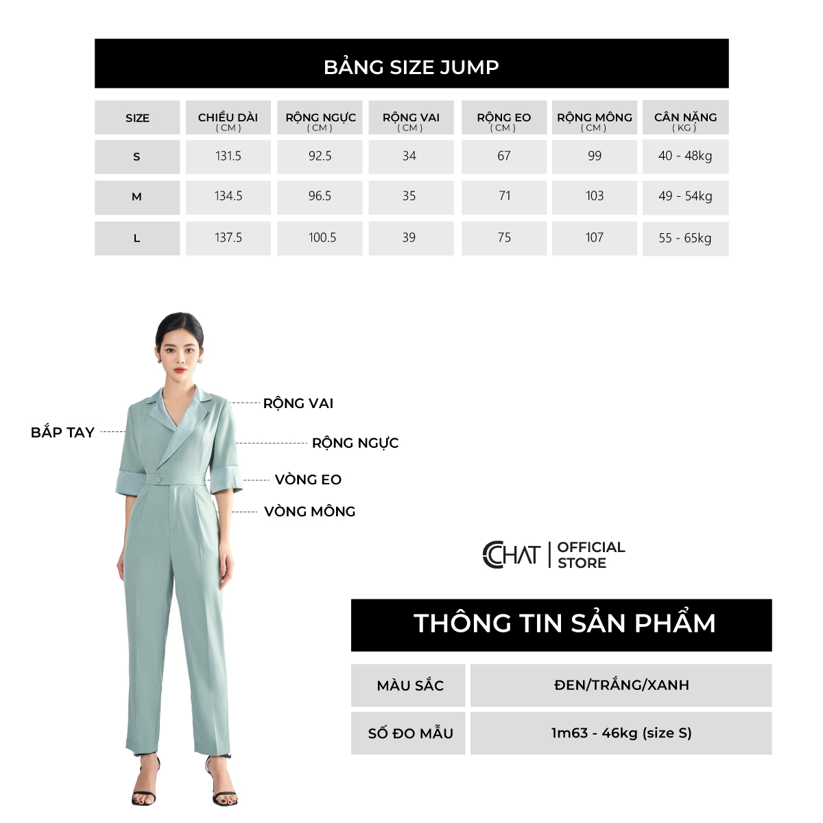 Jumpsuit Nữ  Kiểu Áo Cổ 2 Ve Phối Tay Chất Tuytsi Mềm Mịn 62JNS8003BT