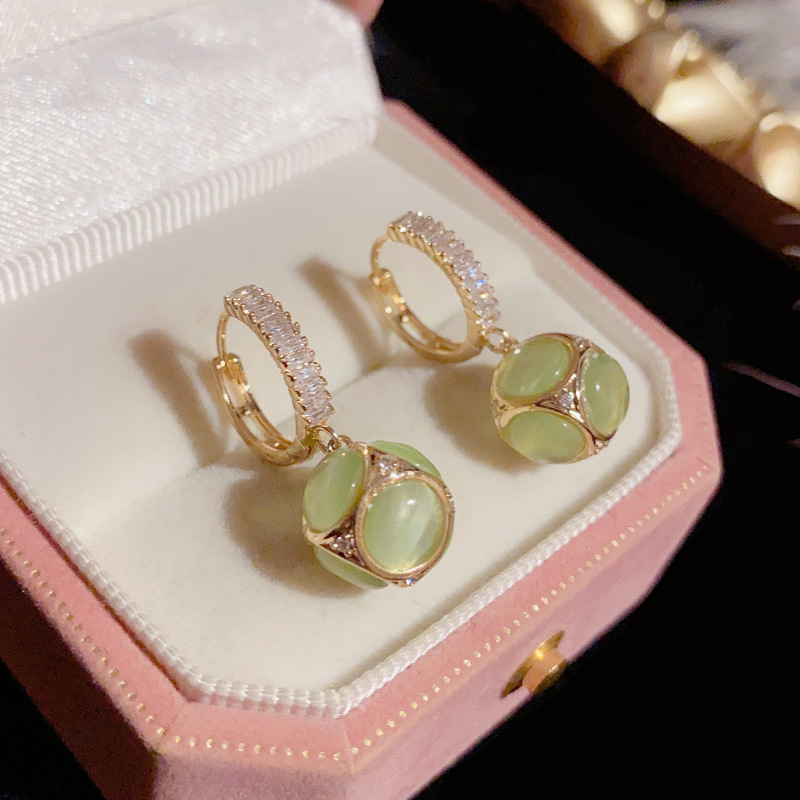 BÔNG TAI HÌNH QỦA CẦU ĐÁ MẮT MÈO KHẢM ĐÁ ZIRCON