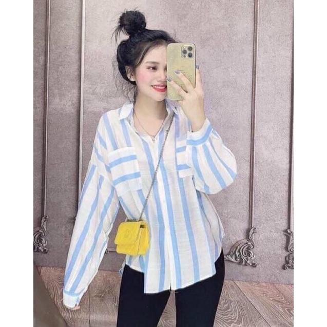 Áo sơ mi kẻ sọc dọc 2 túi cánh dơi form rộng