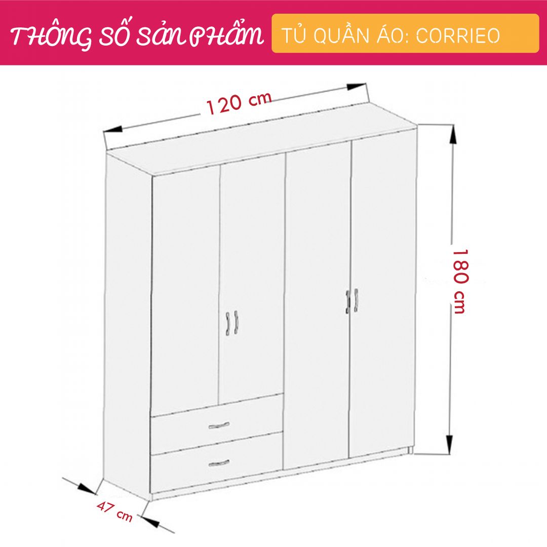 Tủ quần áo gỗ hiện đại SMLIFE Corrieo | Gỗ MDF dày 17mm chống ẩm | D120xR47xC180cm