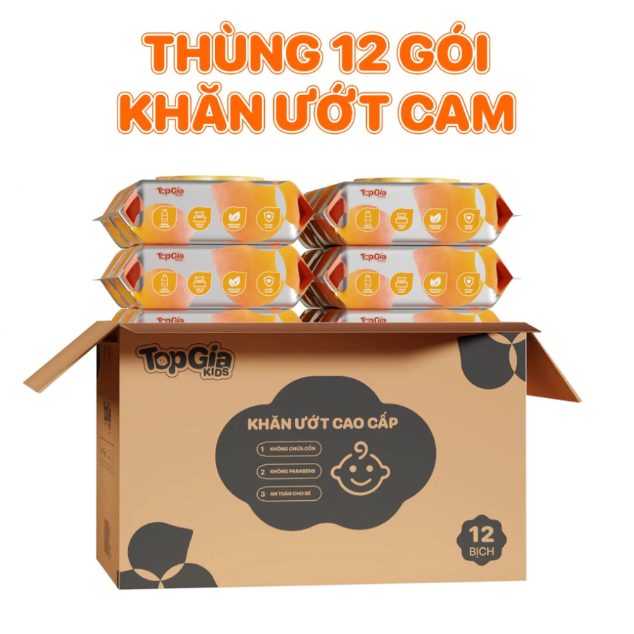Khăn ướt TopGiaKids thùng 12 bịch an toàn, không cồn, không parabens, không mùi
