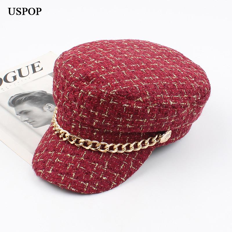 USPOP Phụ Nữ Mới Nón Tweed Kẻ Sọc Newsboy Mũ Dây Chuyền Đỉnh Bằng Phẳng Che Nắp Vintage Kẻ Sọc Mũ Quân Đội Nữ Thu Đông nón