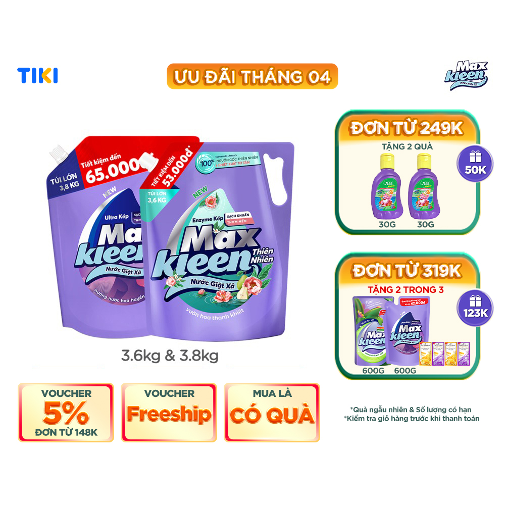 Combo Túi Nước Giặt Xả MaxKleen Thiên Nhiên 3.6kg + Túi Huyền Diệu 3.8kg