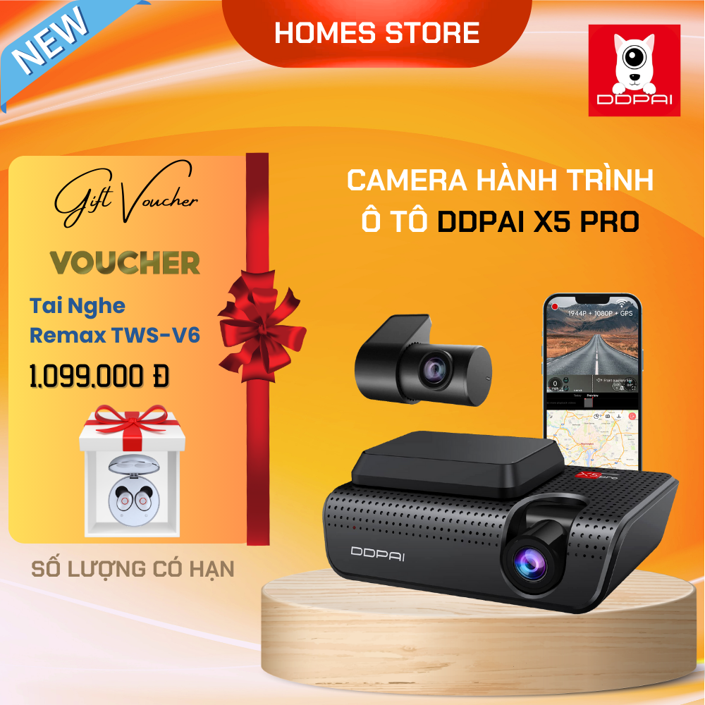 Camera Hành Trình Ô Tô DDPAI X5 PRO - Có Camera Sau Có Định Vị GPS Kết Nối WIFI Camera AI Thông Minh Độ Phân Giải 4K, Cảnh Báo Làn Đường, Giám Sát 24 Giờ, Hiển Thị Tốc Độ - Hàng Chính Hãng