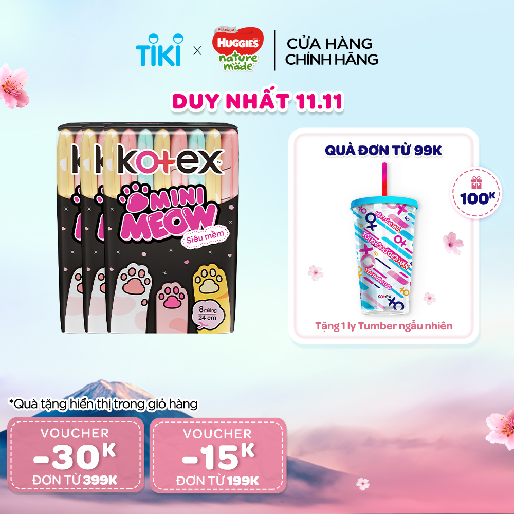 Combo 3 Băng vệ sinh Kotex MiniMeow Siêu mềm siêu mỏng cánh 8x16