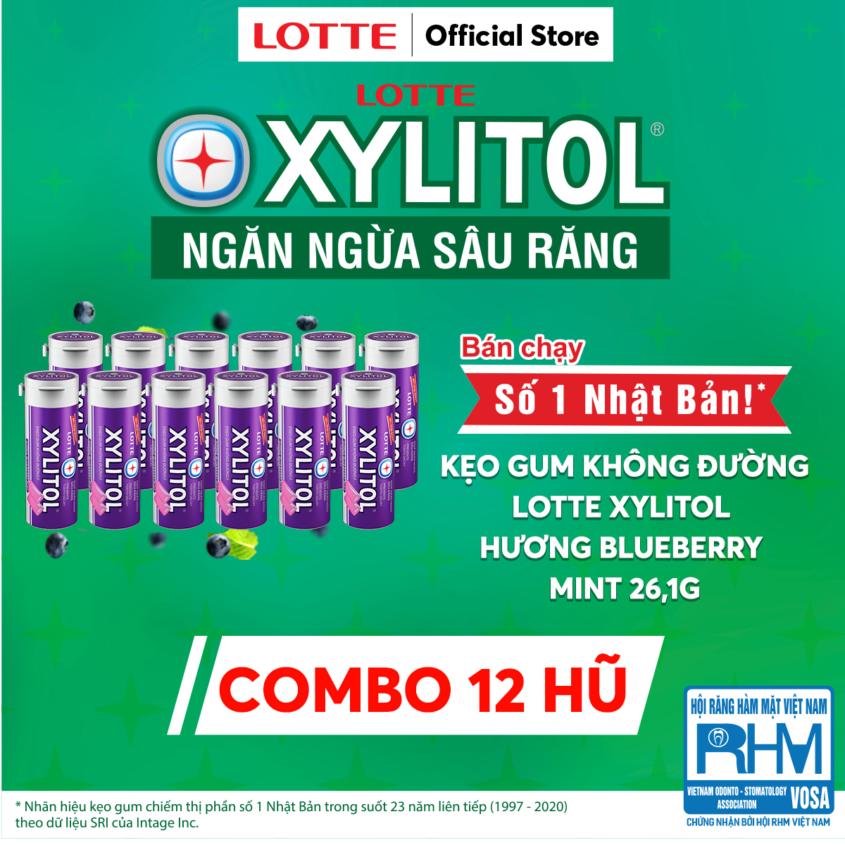 Combo 12 Kẹo Gum không đường Lotte Xylitol - Hương Blueberry Mint 26,1 g