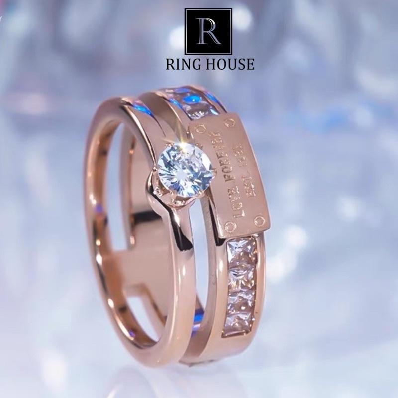 Nhẫn titan nam nữ hai vòng không đen vàng hồng đính ngọc đẹp Ring House
