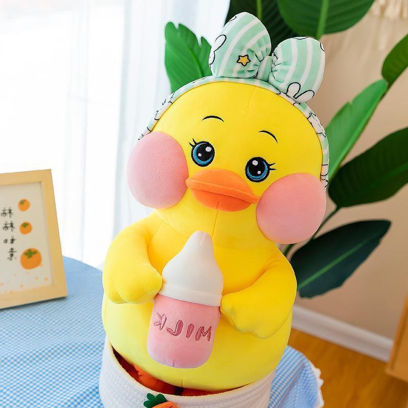 Gấu Bông Vịt Má Hồng, Đội nơ Ôm Bình Sữa Cute kt 45-100cm