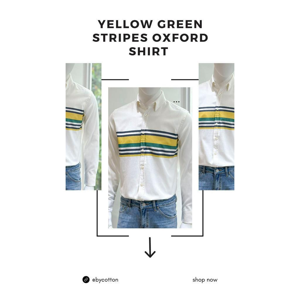 Áo Sơ Mi Nam Dài Tay Phối Sọc BY COTTON Yellow Green Stripes Oxford Shirt