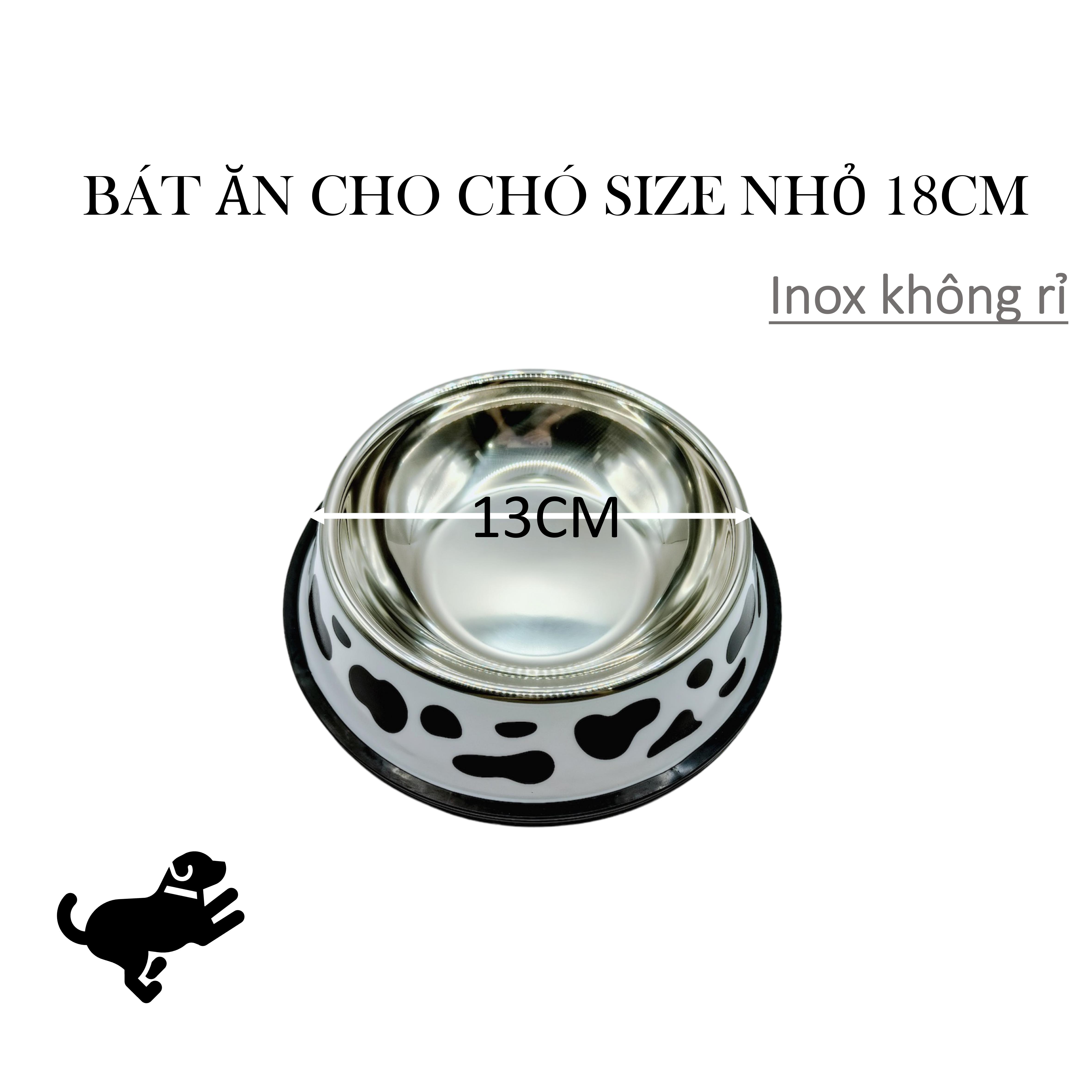 Bát ăn thú cưng, bát ăn chó mèo hình bò sữa, chất liệu inox an toàn sử dụng cho vật nuôi. Bát có 3 kích thước 18cm, 26cm, 34cm. Bát ăn size nhỏ 18cm