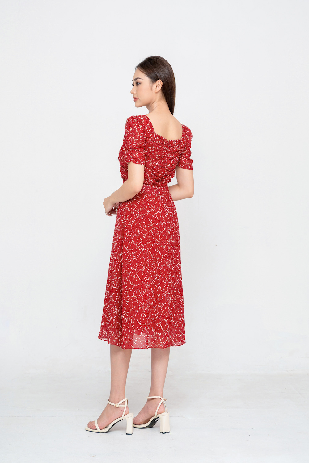 De Leah - Đầm xòe nhún li ngực - Đỏ