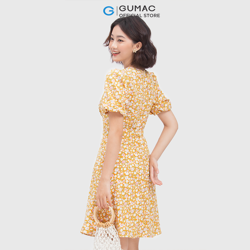 Đầm nữ GUMAC DC04038 form A xòe cổ chữ V nhún ngực dễ thương