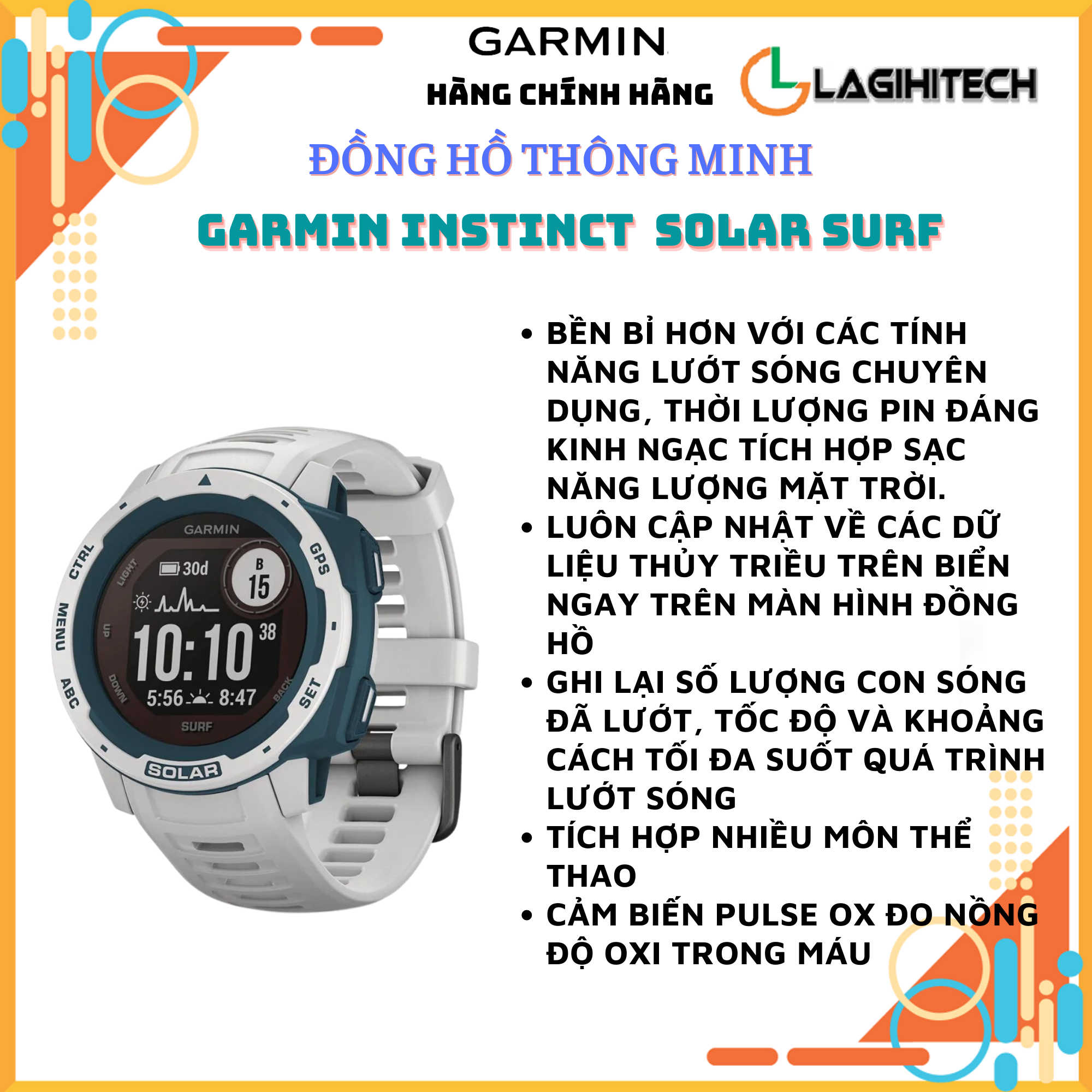 Đồng Hồ Thông Minh Garmin Instinct Solar Camo Lichen  / Instinct Solar Camo Graphite / Instinct Solar Surf Pipeline, Cloudbreak - Hàng Chính Hãng FPT