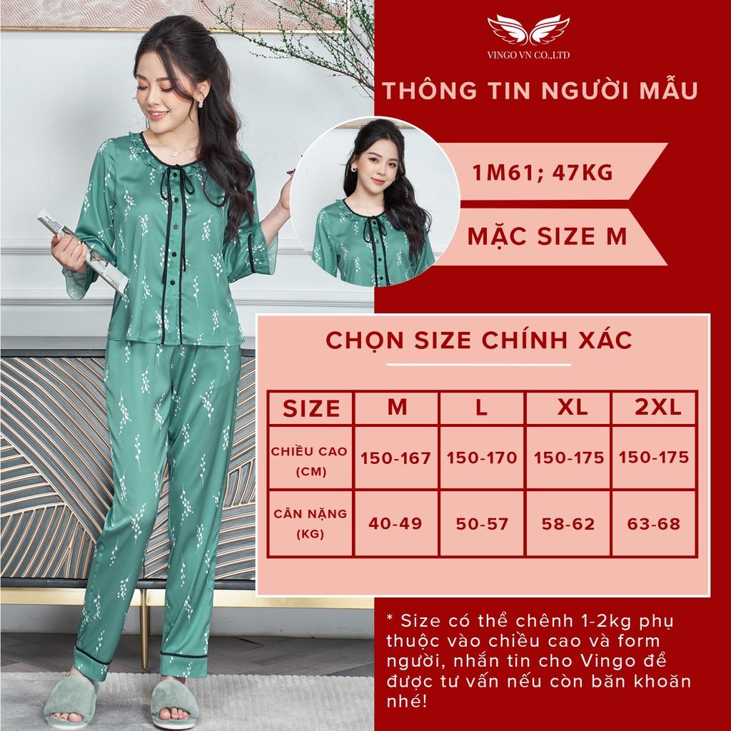 Bộ Đồ Ngủ Pyjama Nữ Mặc Nhà VINGO Lụa Pháp Cao Cấp Tay Lỡ Phối Nơ Quần Dài Thu Đông Họa Tiết Hoa Trắng Xanh H558 VNGO