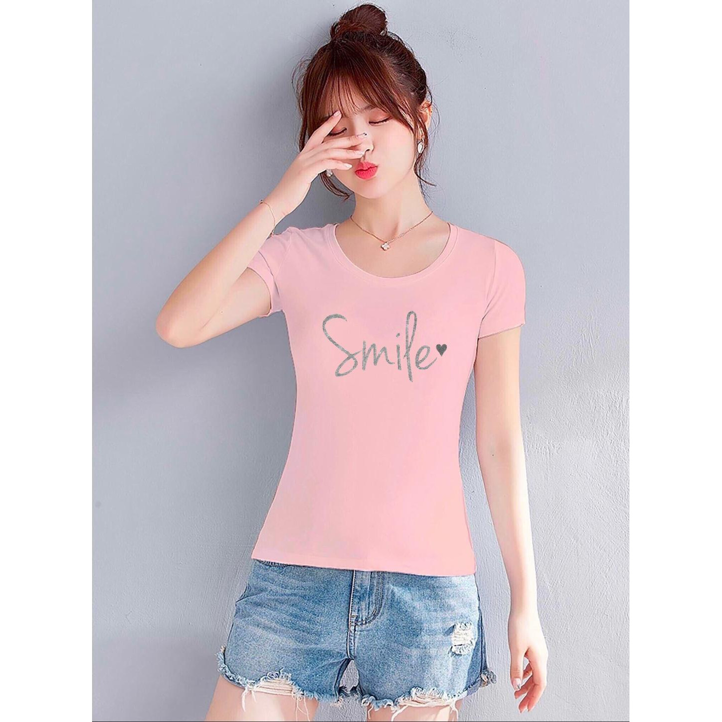 Áo thun nữ in chữ Smile thun cotton 4 chiều form ôm body MXM ( ANU026 )
