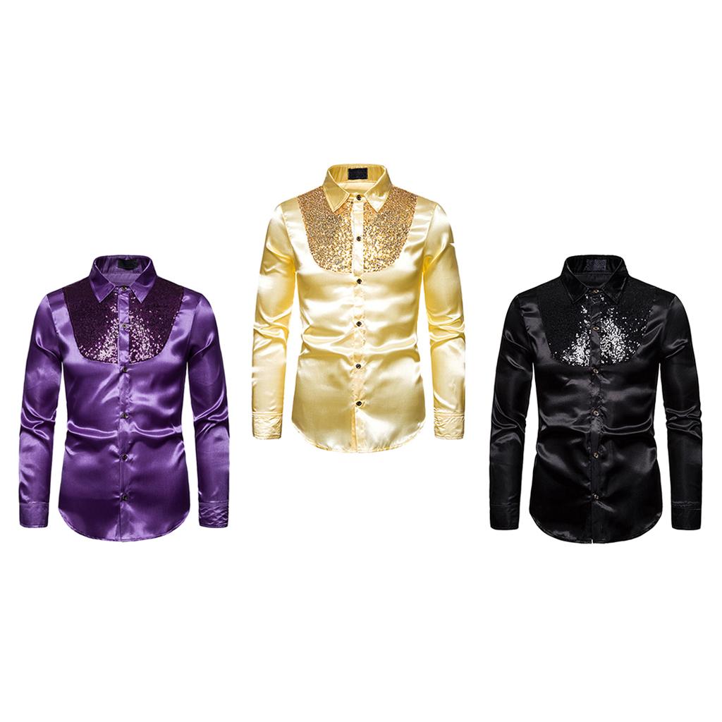 Mens Fashion Button Down Shirts Long Sleeve Sequins Tops Shirt M
