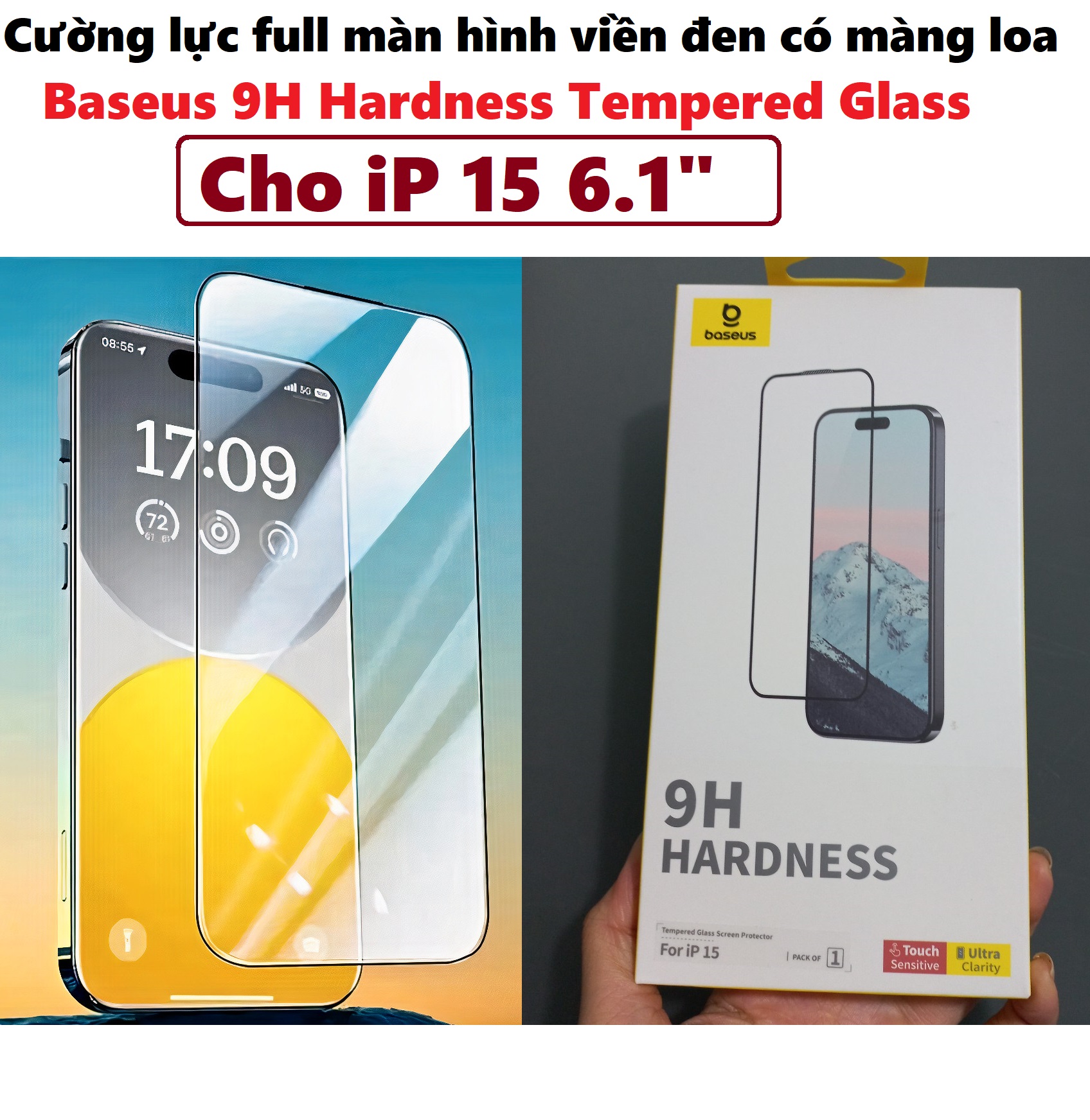 Miếng dán cường lực full màn viền đen màng bảo vệ loa cho tất cả iP 15 series Baseus 9H Hardness Tempered Glass _  Hàng chính hãng