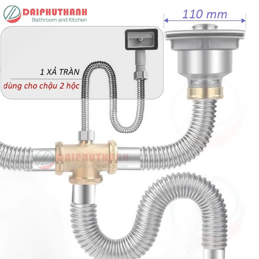 Bộ Xả Chậu Chén Xi Phông Inox 2 Hộc Phụ Kiện Thau Chịu Nhiệt Cao Thoát Nước Nhanh - Lỗ xả bằng nhau phi 110 (lọt lòng 90)