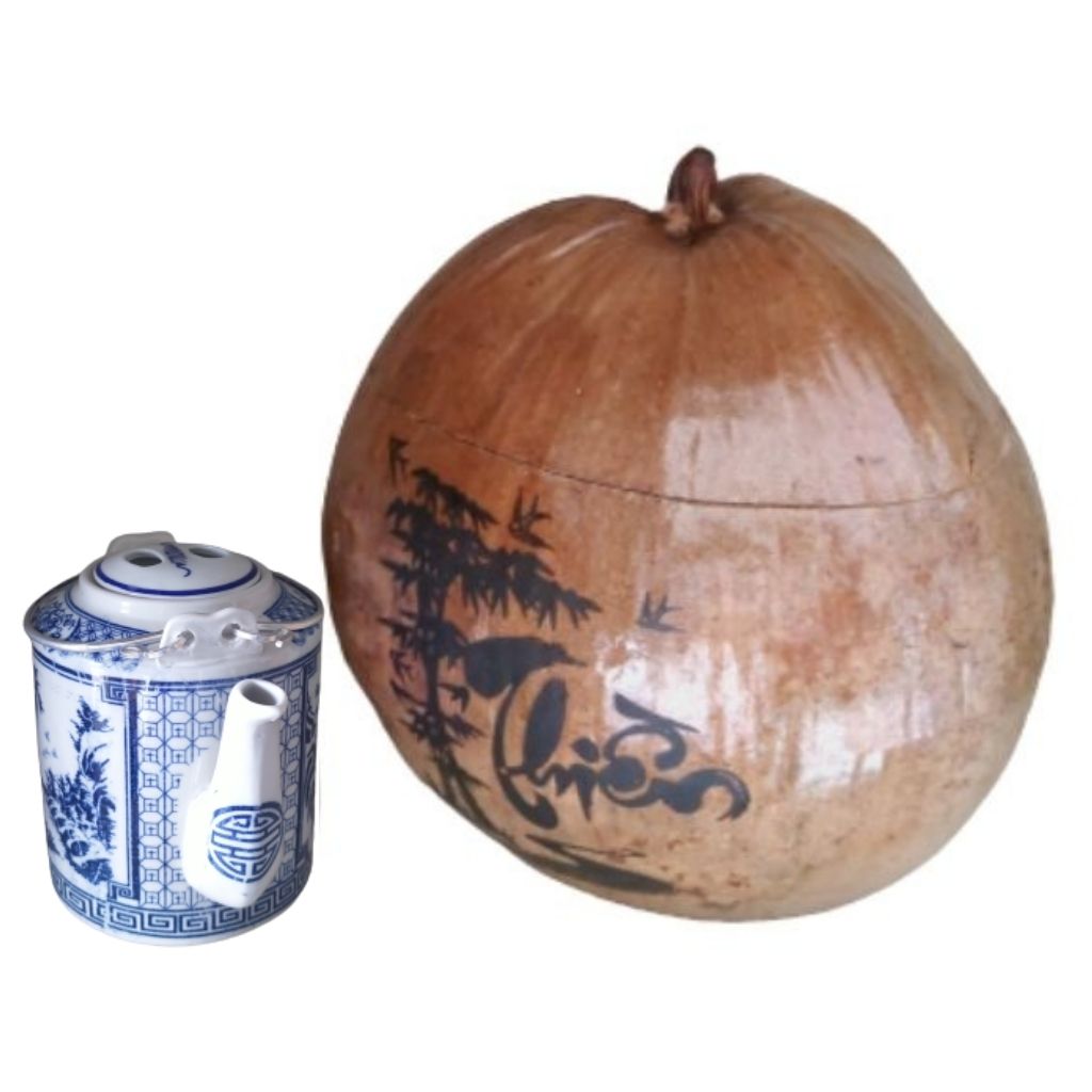 Bình Giữ Ấm Trà Trái Dừa Hoa Văn Lồng Chữ Thiền Và Bình Trà 400 - 950ml - Sản Phẩm Được Sản Xuất Tại Bến Tre