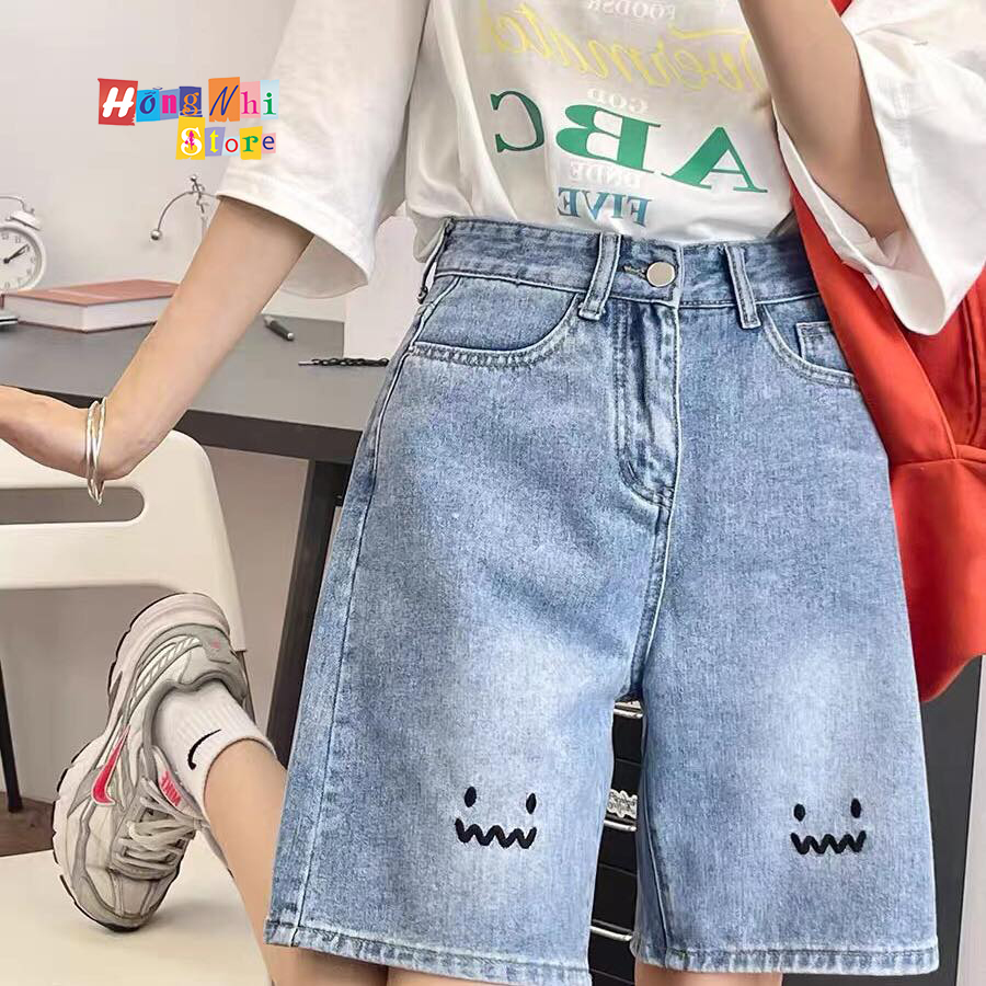 Quần Short Jean Ngố Đùi Thêu Mặt Cười Cạp Cao Ống Rộng Ulzzang - MM