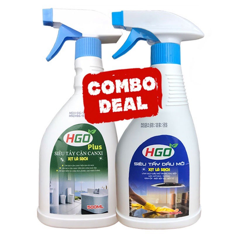 Combo tẩy cặn canxi nhà tắm HGO Plus + tẩy dầu mỡ nhà bếp HGO thiết kế dạng bình xịt sử dụng tiện lợi hiệu quả tiết kiệm