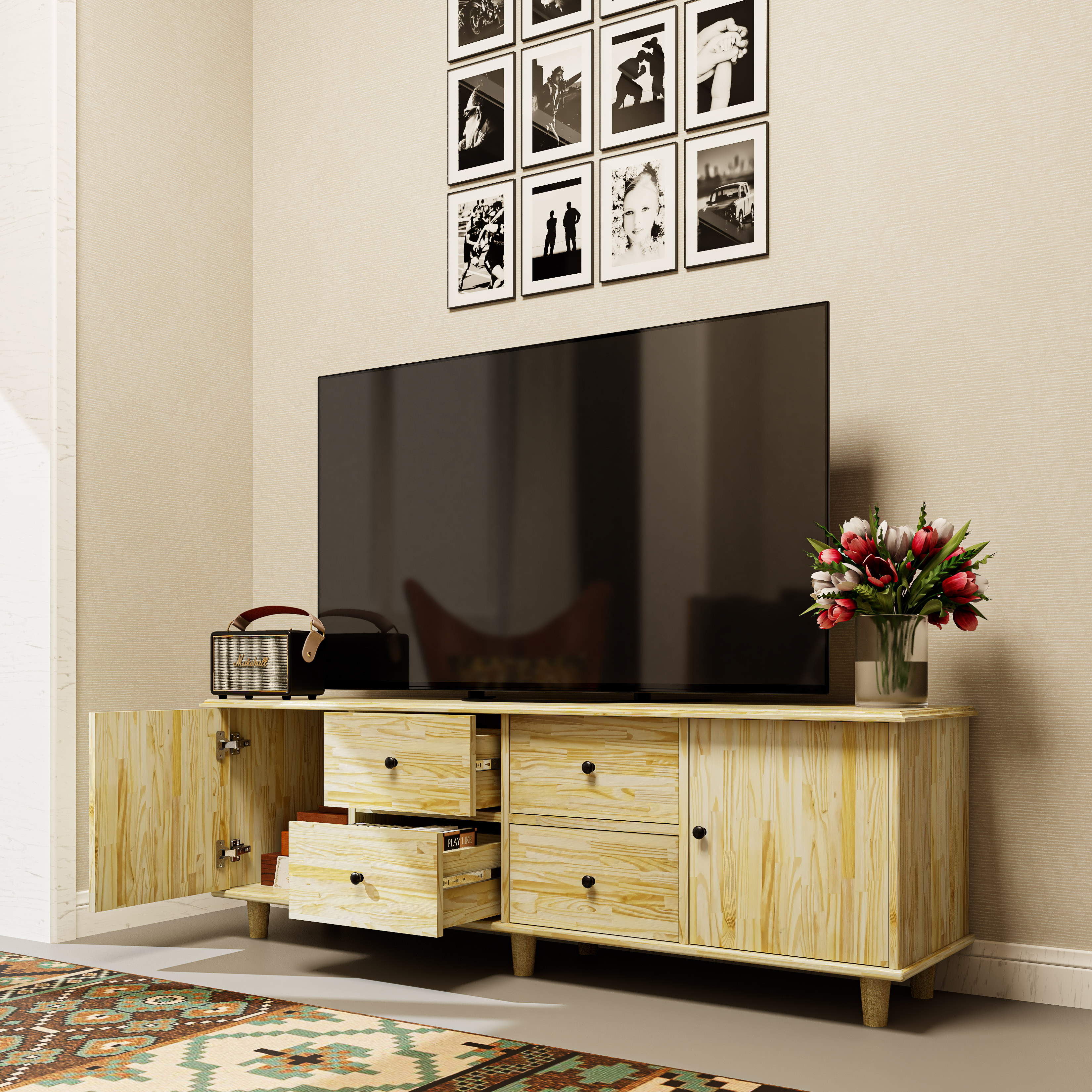 HAPPY FURNITURE , Gỗ tự nhiên , Kệ TV 2 cửa mở 4 ngăn kéo - FARAH , KTV_057 , 160x40x54cm