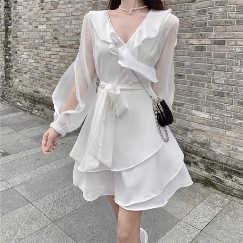 Đầm voan cổ bèo thắt nơ eo nữ tính mẫu 2021