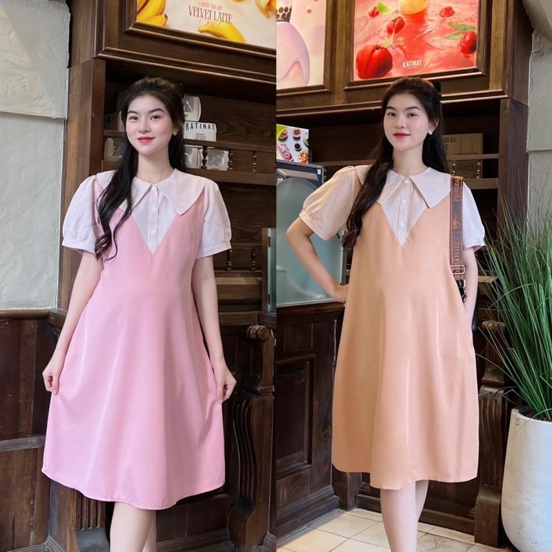 Đầm Yếm Bầu Công Sở Xinh Thiết Kế Dáng Suông Cổ Sen Phối Nút Chất Cotton Lạnh Mát Mẻ, Trẻ Trung - Xanh đen